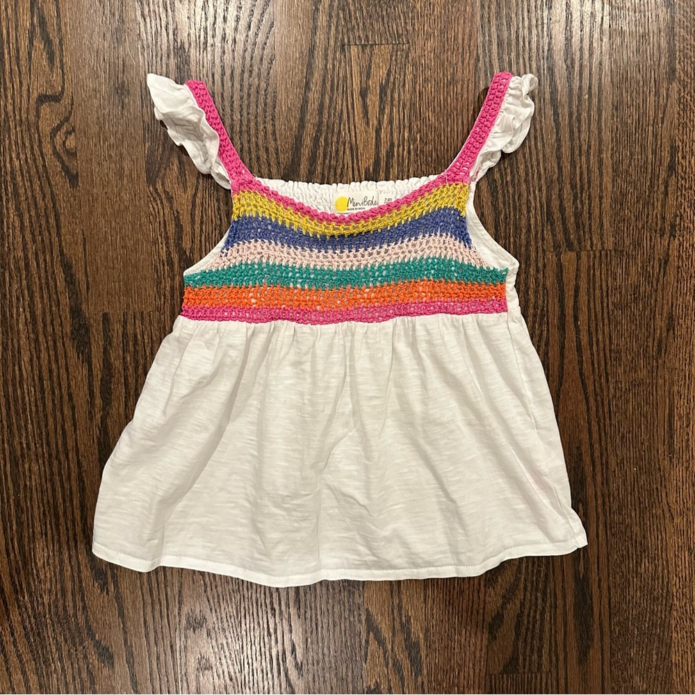 Mini Boden Girls Camisole Ruffle Strap Rainbow Crochet Smocked 7-8y White